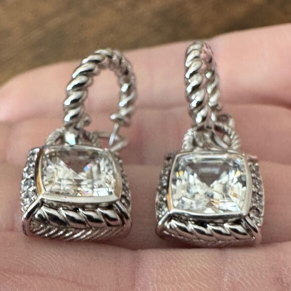 Judith Ripka Diamonique Earrings CZ & Sterling Silver Dangle Hoop Asscher Cut - Picture 7 of 8